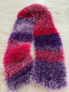 Fun Fur/Eyelash Yarn Hand Knit Pink & Purple Striped Scarf